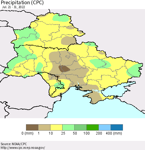 Ukraine, Moldova and Belarus Precipitation (CPC) Thematic Map For 7/21/2022 - 7/31/2022