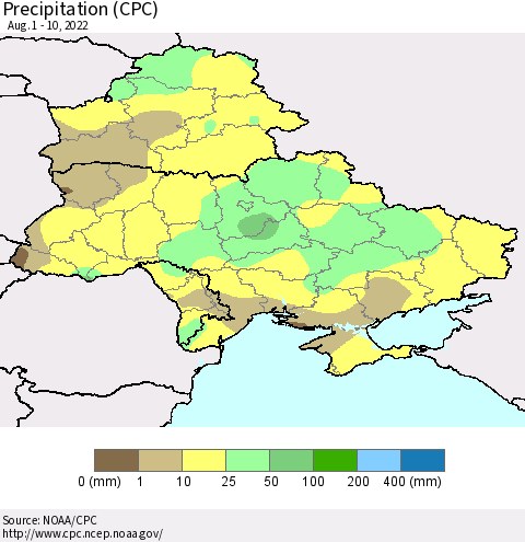 Ukraine, Moldova and Belarus Precipitation (CPC) Thematic Map For 8/1/2022 - 8/10/2022