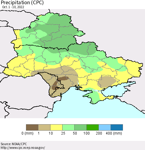 Ukraine, Moldova and Belarus Precipitation (CPC) Thematic Map For 10/1/2022 - 10/10/2022