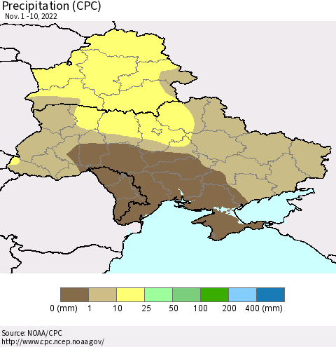 Ukraine, Moldova and Belarus Precipitation (CPC) Thematic Map For 11/1/2022 - 11/10/2022