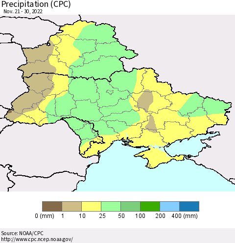 Ukraine, Moldova and Belarus Precipitation (CPC) Thematic Map For 11/21/2022 - 11/30/2022