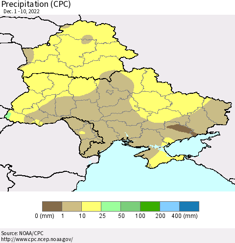 Ukraine, Moldova and Belarus Precipitation (CPC) Thematic Map For 12/1/2022 - 12/10/2022