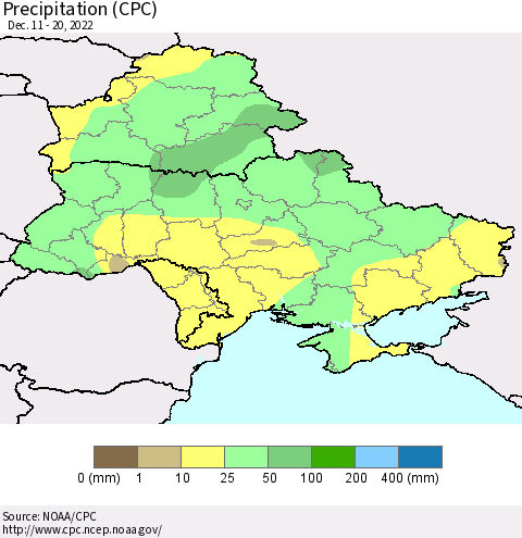 Ukraine, Moldova and Belarus Precipitation (CPC) Thematic Map For 12/11/2022 - 12/20/2022