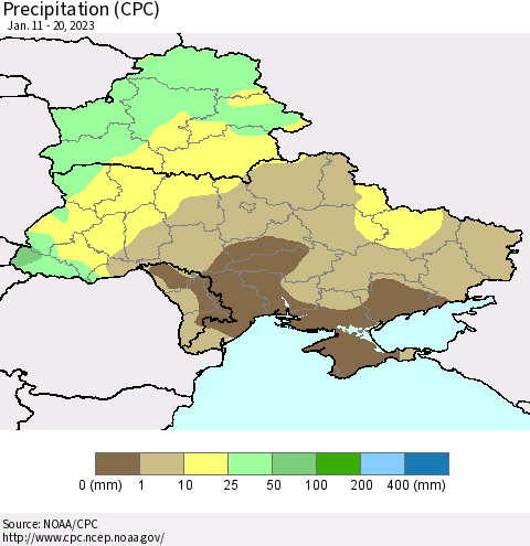 Ukraine, Moldova and Belarus Precipitation (CPC) Thematic Map For 1/11/2023 - 1/20/2023