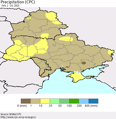 Ukraine, Moldova and Belarus Precipitation (CPC) Thematic Map For 2/1/2023 - 2/10/2023