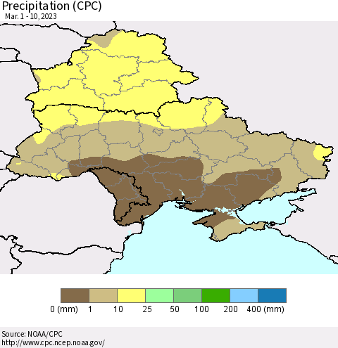 Ukraine, Moldova and Belarus Precipitation (CPC) Thematic Map For 3/1/2023 - 3/10/2023