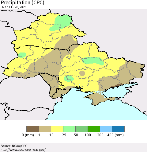 Ukraine, Moldova and Belarus Precipitation (CPC) Thematic Map For 3/11/2023 - 3/20/2023