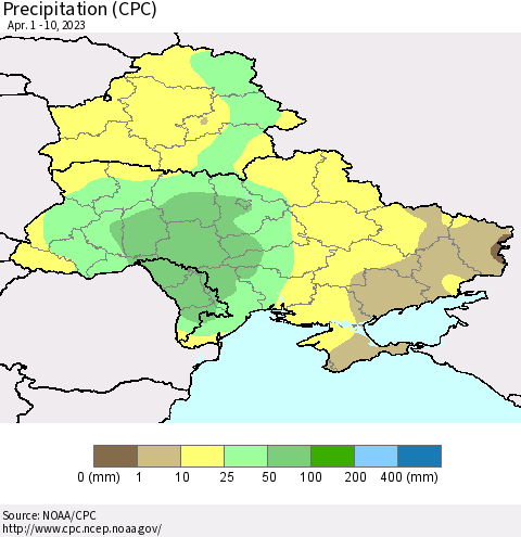 Ukraine, Moldova and Belarus Precipitation (CPC) Thematic Map For 4/1/2023 - 4/10/2023