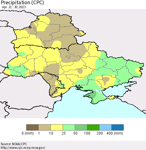 Ukraine, Moldova and Belarus Precipitation (CPC) Thematic Map For 4/21/2023 - 4/30/2023