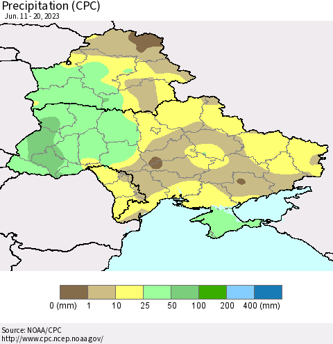 Ukraine, Moldova and Belarus Precipitation (CPC) Thematic Map For 6/11/2023 - 6/20/2023