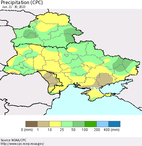 Ukraine, Moldova and Belarus Precipitation (CPC) Thematic Map For 6/21/2023 - 6/30/2023
