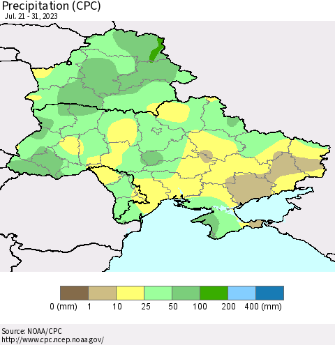 Ukraine, Moldova and Belarus Precipitation (CPC) Thematic Map For 7/21/2023 - 7/31/2023