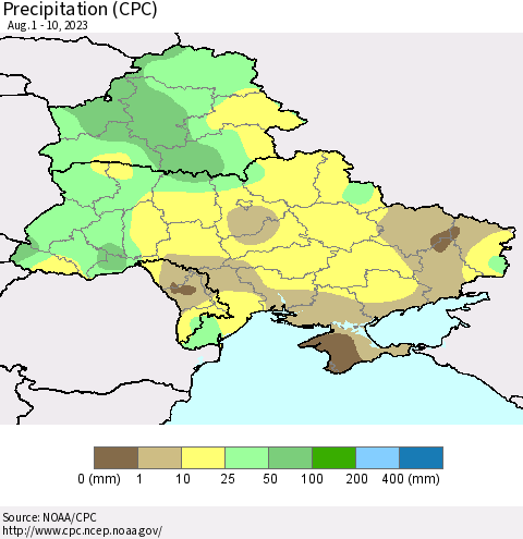 Ukraine, Moldova and Belarus Precipitation (CPC) Thematic Map For 8/1/2023 - 8/10/2023