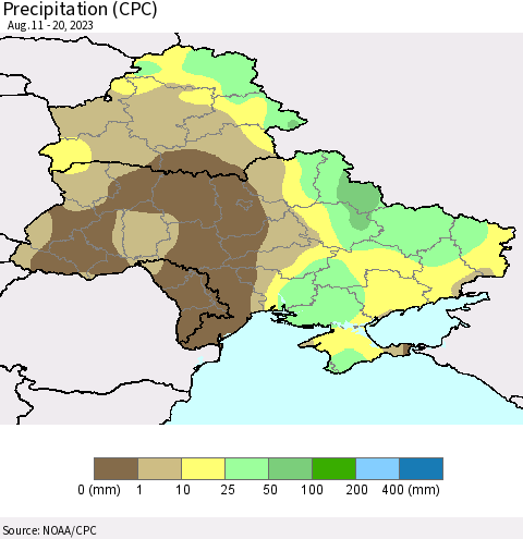 Ukraine, Moldova and Belarus Precipitation (CPC) Thematic Map For 8/11/2023 - 8/20/2023