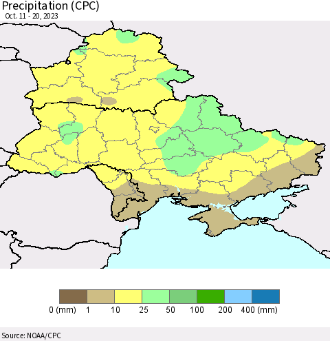 Ukraine, Moldova and Belarus Precipitation (CPC) Thematic Map For 10/11/2023 - 10/20/2023