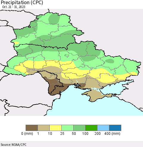 Ukraine, Moldova and Belarus Precipitation (CPC) Thematic Map For 10/21/2023 - 10/31/2023
