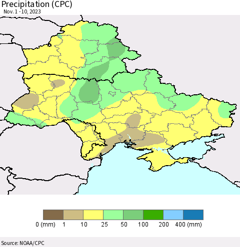 Ukraine, Moldova and Belarus Precipitation (CPC) Thematic Map For 11/1/2023 - 11/10/2023