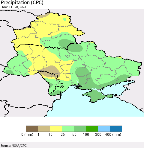 Ukraine, Moldova and Belarus Precipitation (CPC) Thematic Map For 11/11/2023 - 11/20/2023