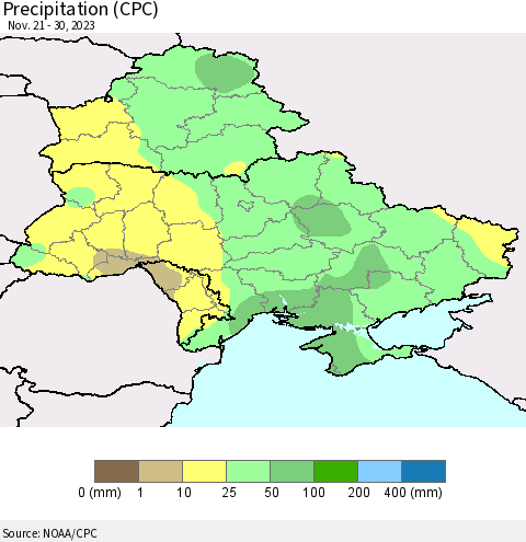 Ukraine, Moldova and Belarus Precipitation (CPC) Thematic Map For 11/21/2023 - 11/30/2023