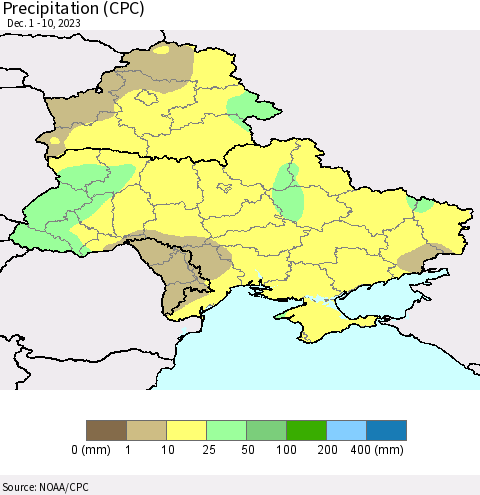 Ukraine, Moldova and Belarus Precipitation (CPC) Thematic Map For 12/1/2023 - 12/10/2023