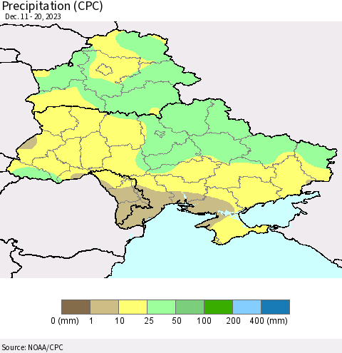 Ukraine, Moldova and Belarus Precipitation (CPC) Thematic Map For 12/11/2023 - 12/20/2023
