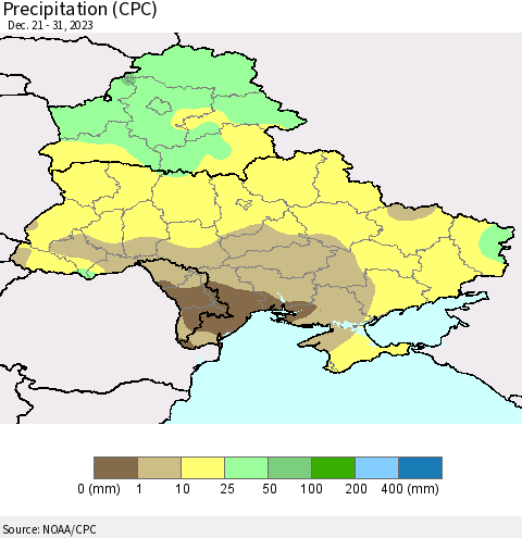 Ukraine, Moldova and Belarus Precipitation (CPC) Thematic Map For 12/21/2023 - 12/31/2023