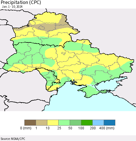 Ukraine, Moldova and Belarus Precipitation (CPC) Thematic Map For 1/1/2024 - 1/10/2024