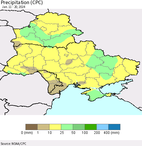 Ukraine, Moldova and Belarus Precipitation (CPC) Thematic Map For 1/11/2024 - 1/20/2024