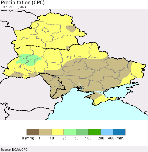 Ukraine, Moldova and Belarus Precipitation (CPC) Thematic Map For 1/21/2024 - 1/31/2024