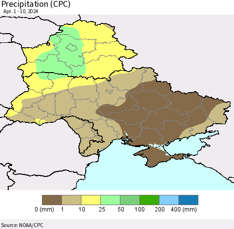 Ukraine, Moldova and Belarus Precipitation (CPC) Thematic Map For 4/1/2024 - 4/10/2024