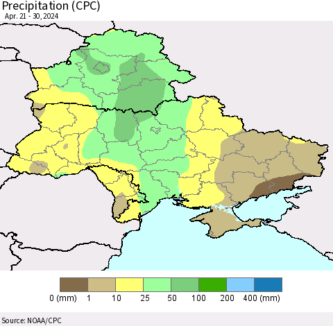 Ukraine, Moldova and Belarus Precipitation (CPC) Thematic Map For 4/21/2024 - 4/30/2024