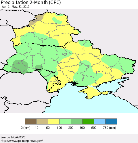 Ukraine, Moldova and Belarus Precipitation 2-Month (CPC) Thematic Map For 4/1/2019 - 5/31/2019