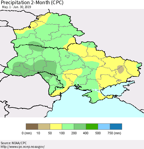 Ukraine, Moldova and Belarus Precipitation 2-Month (CPC) Thematic Map For 5/1/2019 - 6/30/2019