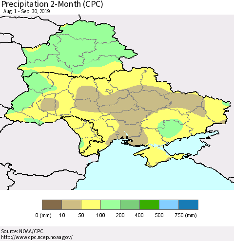 Ukraine, Moldova and Belarus Precipitation 2-Month (CPC) Thematic Map For 8/1/2019 - 9/30/2019