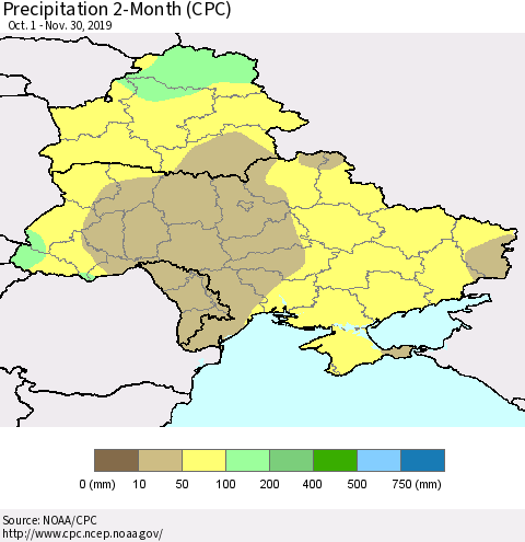 Ukraine, Moldova and Belarus Precipitation 2-Month (CPC) Thematic Map For 10/1/2019 - 11/30/2019
