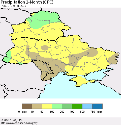 Ukraine, Moldova and Belarus Precipitation 2-Month (CPC) Thematic Map For 11/1/2019 - 12/31/2019