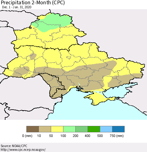Ukraine, Moldova and Belarus Precipitation 2-Month (CPC) Thematic Map For 12/1/2019 - 1/31/2020