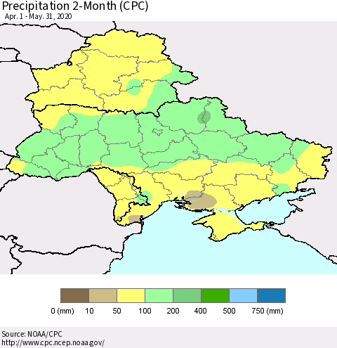 Ukraine, Moldova and Belarus Precipitation 2-Month (CPC) Thematic Map For 4/1/2020 - 5/31/2020