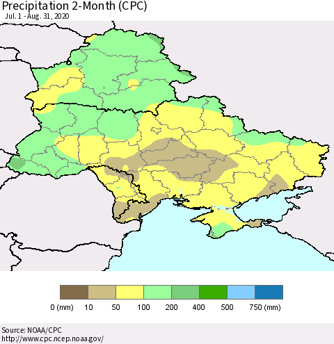 Ukraine, Moldova and Belarus Precipitation 2-Month (CPC) Thematic Map For 7/1/2020 - 8/31/2020