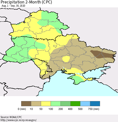 Ukraine, Moldova and Belarus Precipitation 2-Month (CPC) Thematic Map For 8/1/2020 - 9/30/2020