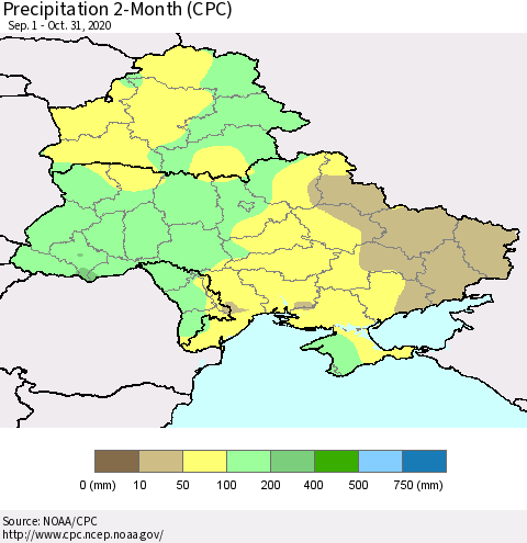 Ukraine, Moldova and Belarus Precipitation 2-Month (CPC) Thematic Map For 9/1/2020 - 10/31/2020