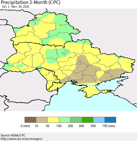 Ukraine, Moldova and Belarus Precipitation 2-Month (CPC) Thematic Map For 10/1/2020 - 11/30/2020