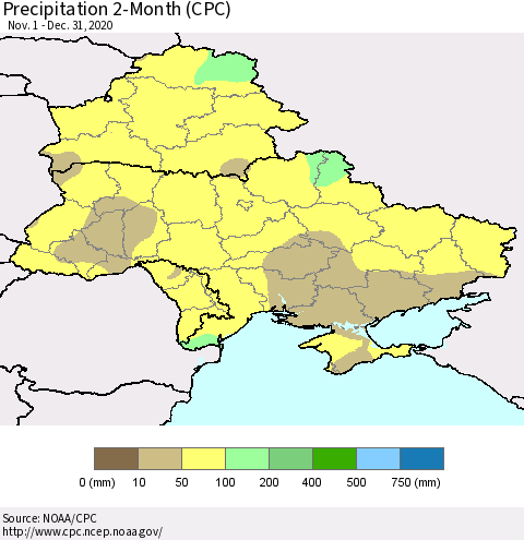 Ukraine, Moldova and Belarus Precipitation 2-Month (CPC) Thematic Map For 11/1/2020 - 12/31/2020