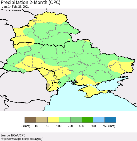 Ukraine, Moldova and Belarus Precipitation 2-Month (CPC) Thematic Map For 1/1/2021 - 2/28/2021