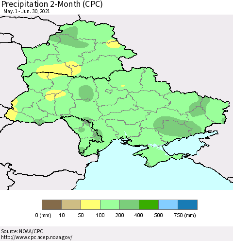 Ukraine, Moldova and Belarus Precipitation 2-Month (CPC) Thematic Map For 5/1/2021 - 6/30/2021