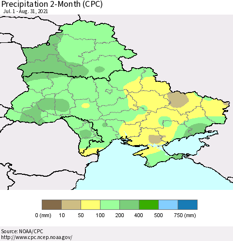 Ukraine, Moldova and Belarus Precipitation 2-Month (CPC) Thematic Map For 7/1/2021 - 8/31/2021