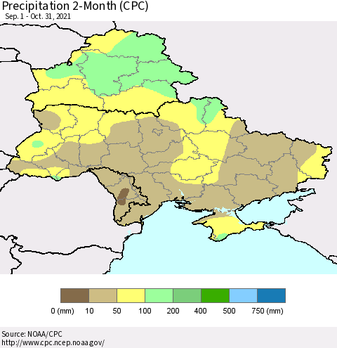 Ukraine, Moldova and Belarus Precipitation 2-Month (CPC) Thematic Map For 9/1/2021 - 10/31/2021