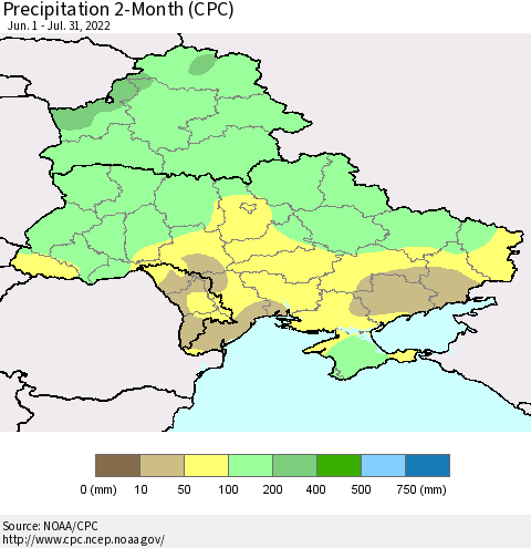 Ukraine, Moldova and Belarus Precipitation 2-Month (CPC) Thematic Map For 6/1/2022 - 7/31/2022
