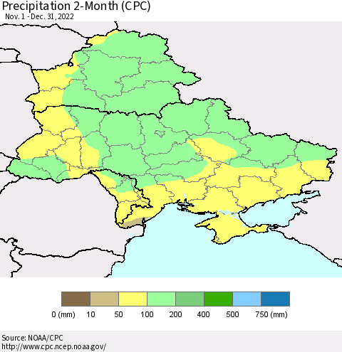 Ukraine, Moldova and Belarus Precipitation 2-Month (CPC) Thematic Map For 11/1/2022 - 12/31/2022