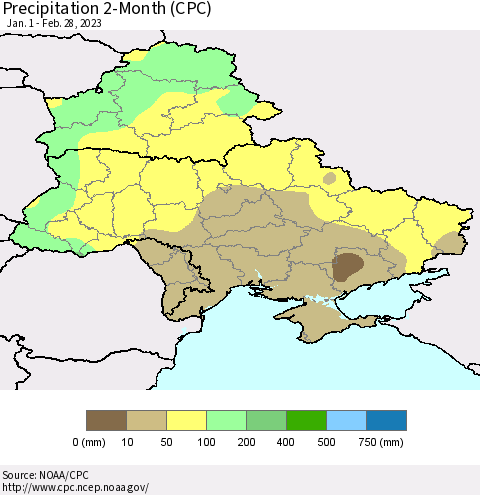 Ukraine, Moldova and Belarus Precipitation 2-Month (CPC) Thematic Map For 1/1/2023 - 2/28/2023